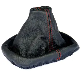 A0034 L & P Car Design Shift Boot Cover Genuine Leather Compatible With Vw Golf Black Red Stitch